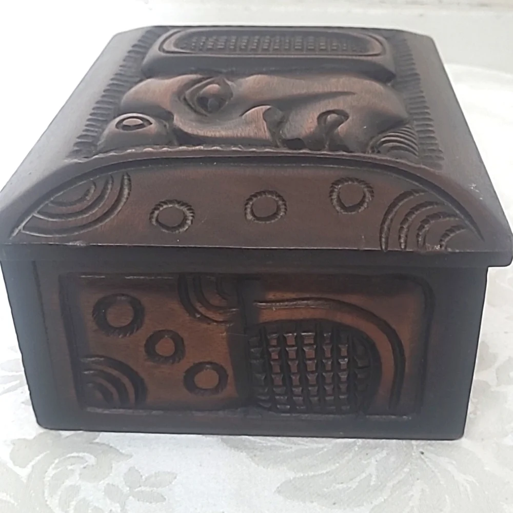 Wooden Humidor Box Stained Carved Man Tribal Tiki  Cigar Box Vintage